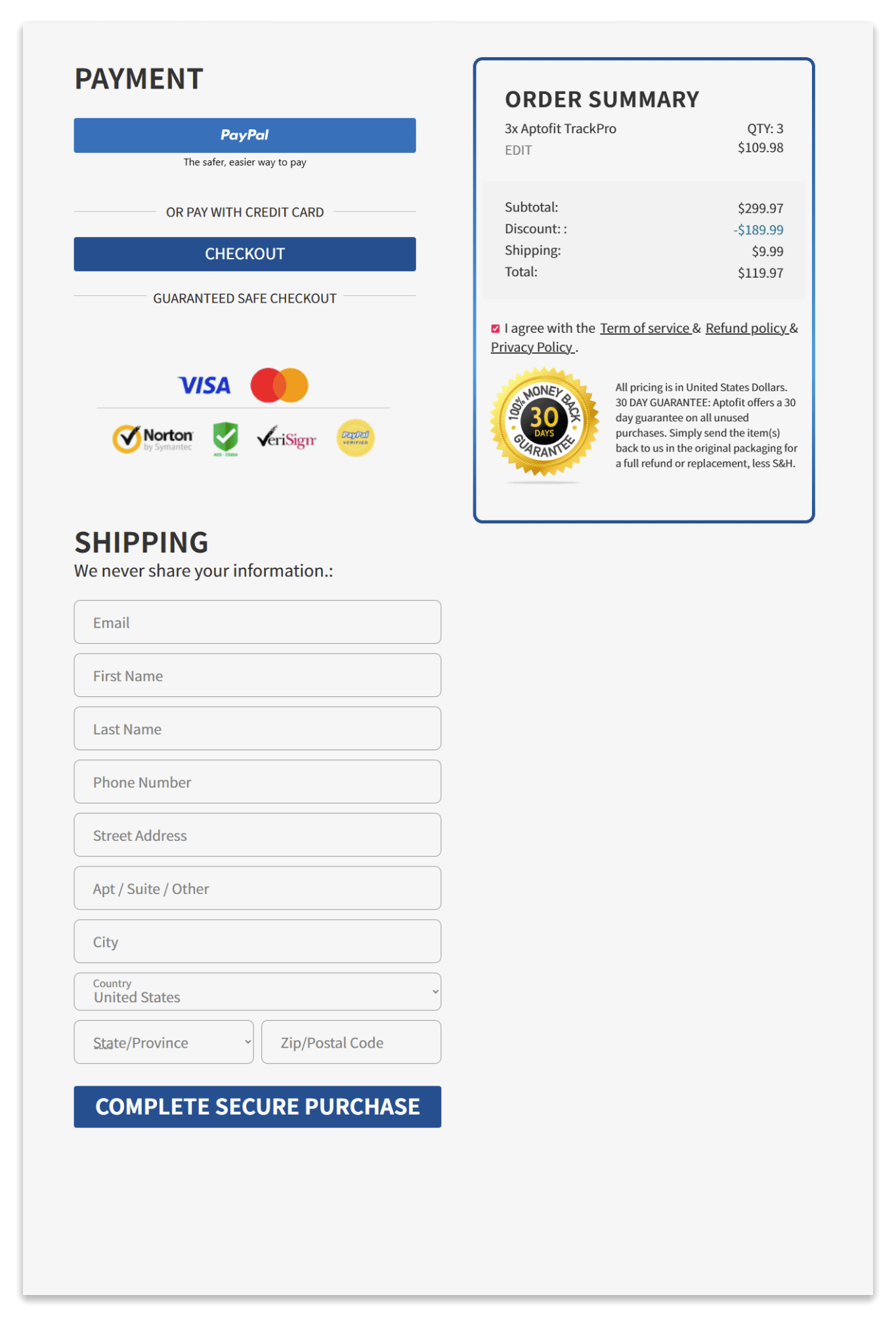 aptofit trackpro checkout page.